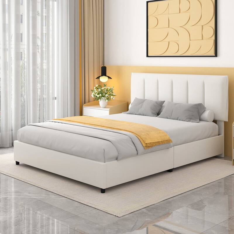 White Bed Frame with 4 Storage Drawers, Upholstered Platform Bed Frame with Adjustable Headboard