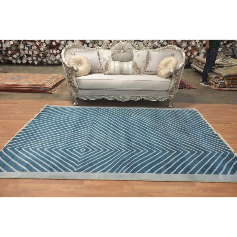 Hand-knotted Tribal Wool Blue Geometric Oriental Area Rug - 8' 5'' X 6' 2''