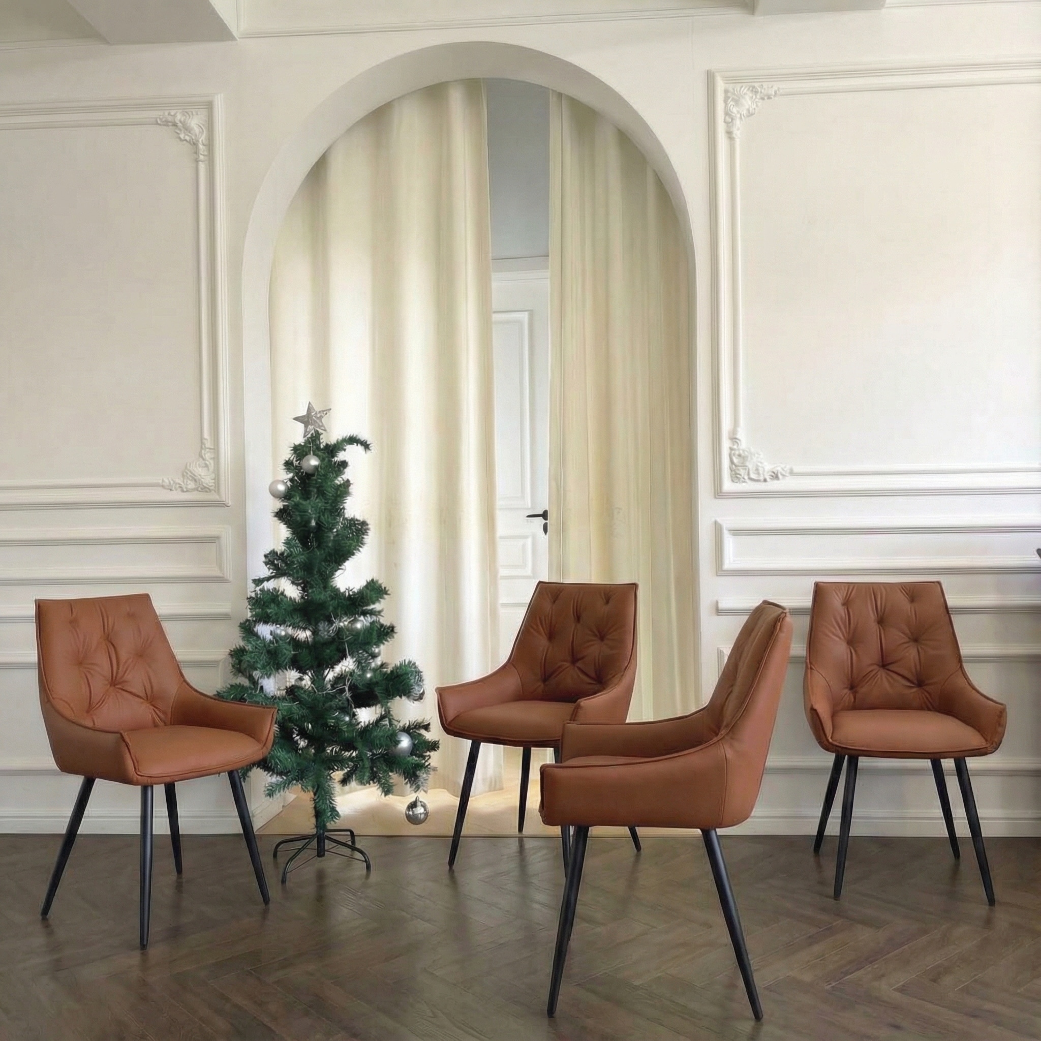 Set Of 4 Faux Leather Dining Room Chair Metal Kitchen Chairs Gold Mesh Texture Black Sanded Legs Flat Back Upholstered