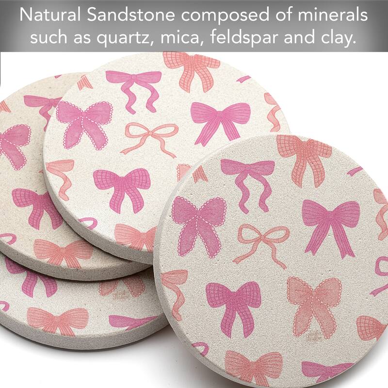 Cute Coquette 4 Pack Round Natural Sandstone Coasters with Protective Cork Backing Manufactured in The USA