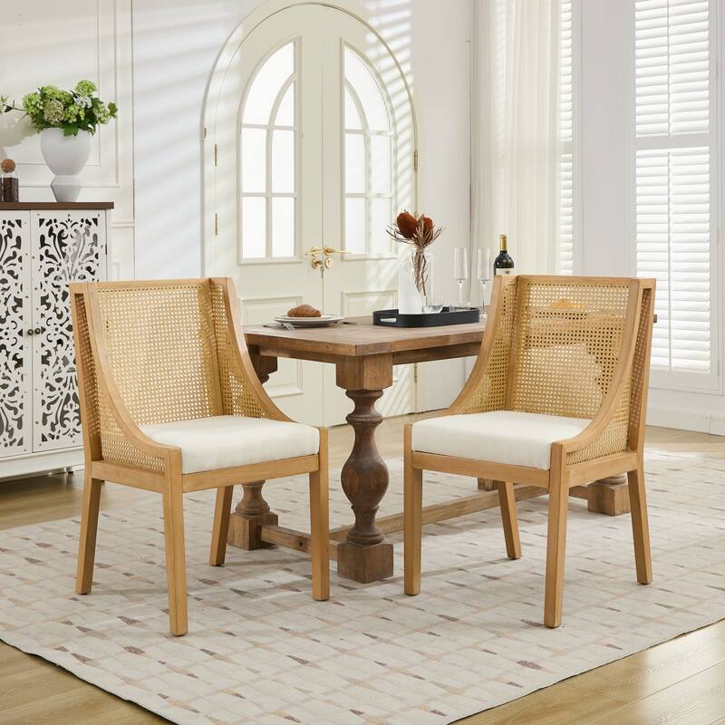 Rattan Dining Chairs, Solid Wood Frame Chairs with Armrests, Linen Upholstered Kitchen Chairs, Rustic Wooden Side Chairs