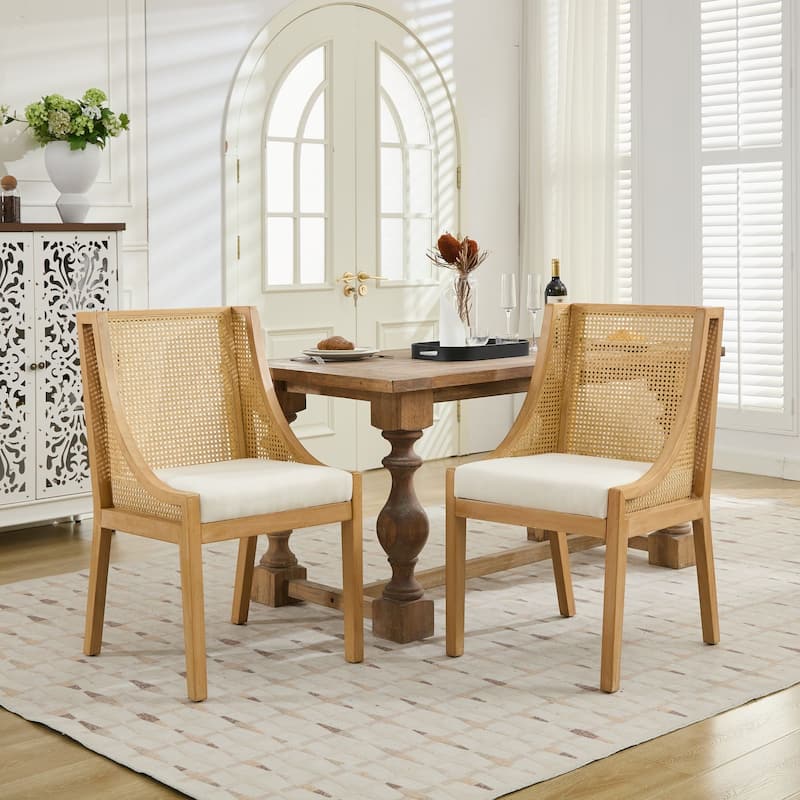 Rattan Dining Chairs Set of 2,Solid Wood Frame with Decorative Armrests,Linen Upholstered Seat,Rustic Wooden Style Side Chairs - Beige