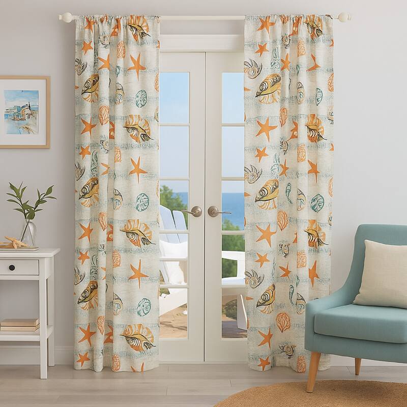 Carie 2 Panel Curtain Set, Light Coastal Seashell Print Microfiber