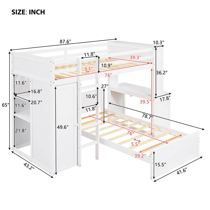 Space-Saving Twin Loft Bed with Desk, Shelves, Wardrobe, and Additional Bed