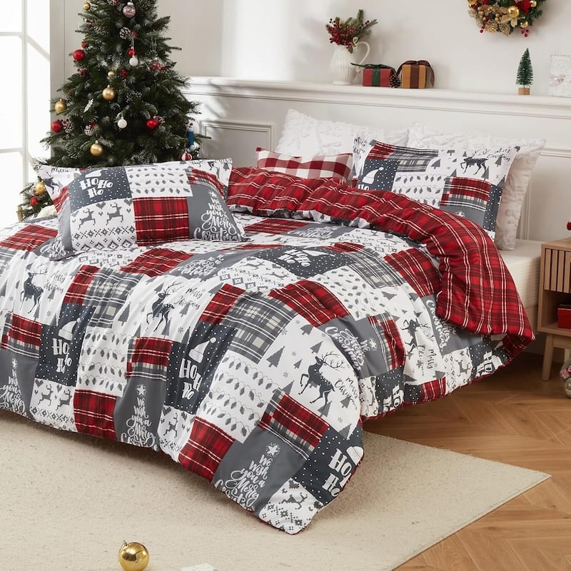 Reversible Christmas Comforter Bedding Set with Comforter and Pillow Shams - Queen