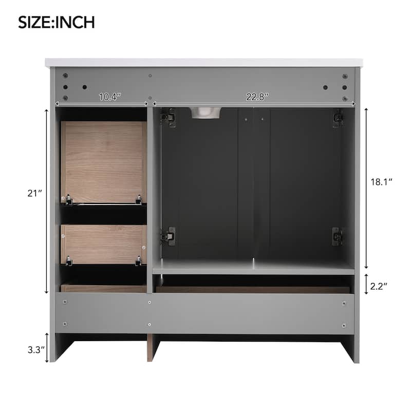 Bathroom Vanity with Ceramic Sink, Free-Standing Wooden Bathroom Cabinet, Storage Cabinet with 4 Drawers & 2 Soft Closing Doors