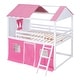 preview thumbnail 9 of 7, White+Pink Full Size Wood Castle House Bunk Bed with Windows, Sills, Tent, and Slide, Playhouse Design