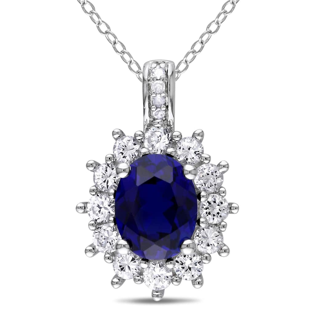 Miadora Sterling Silver Created Blue and White Sapphires and Diamond Accent Halo Necklace (G-H, I2-I3)