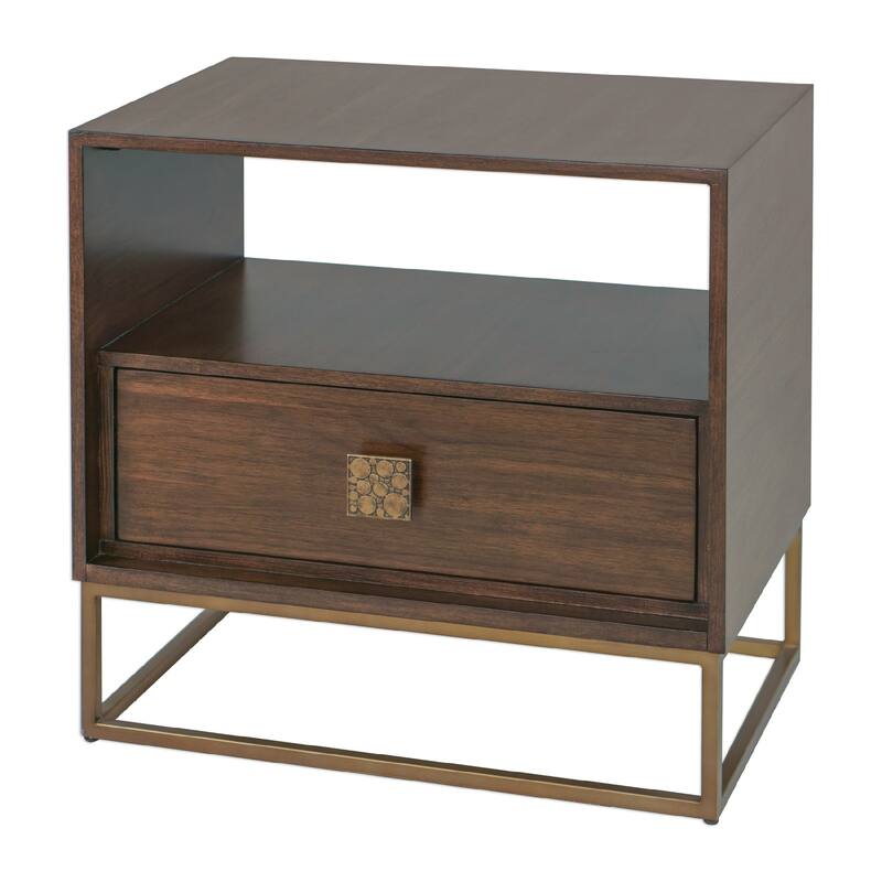 25" brown walnut wood side table with storage drawers