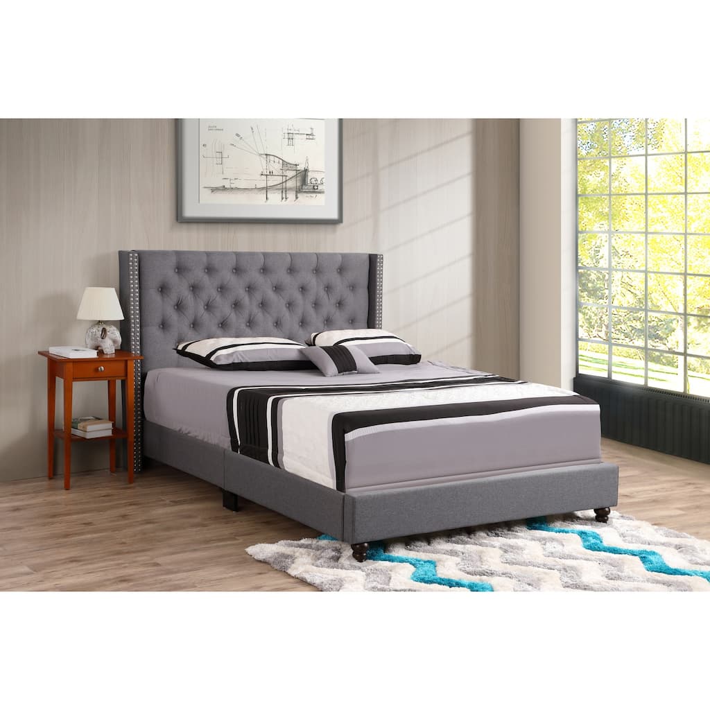 Upholstered Bed Frame - Gray Fabric Bed with Deep Tufted Headboard - Modern Bedroom Furniture