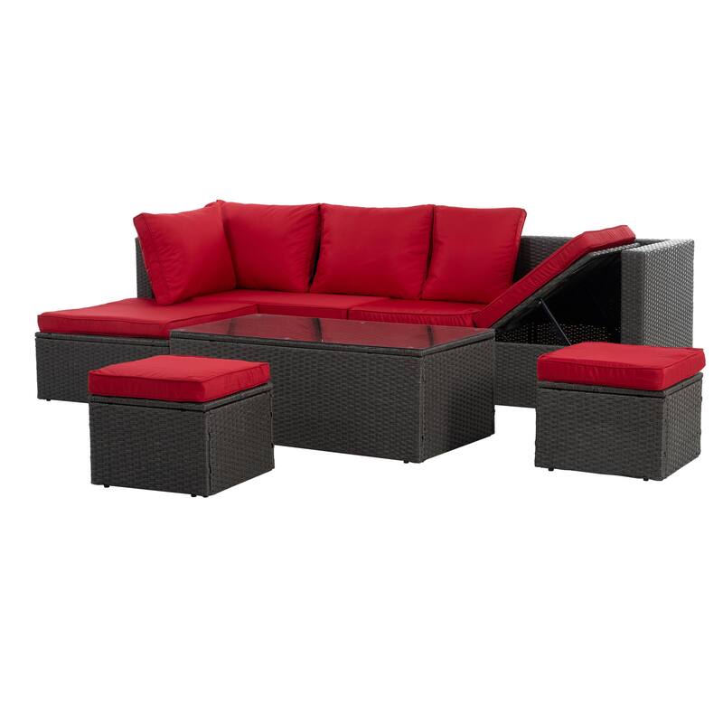 Outdoor 7-Piece PE Wicker Furniture Set with Lounger Sofa, Coffee Table, and Ottomans, Conversation Set for Patio Pool - Red