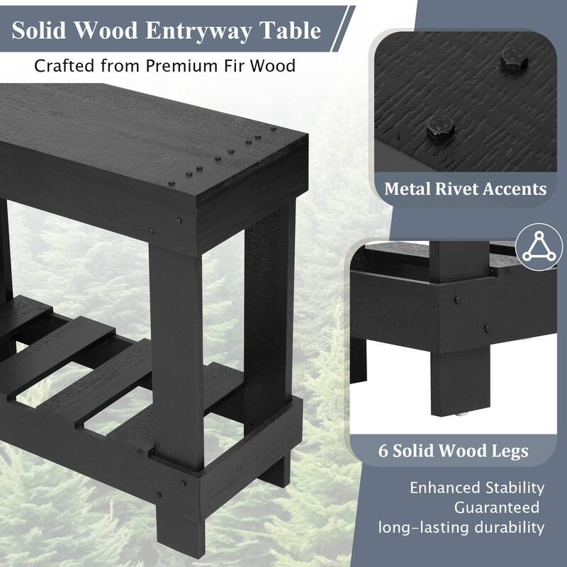62.9" Vintage Entryway Table - Fir Solid Wood with Natural Grain, 6 Reinforced Legs & 4.5" Thick Desktop