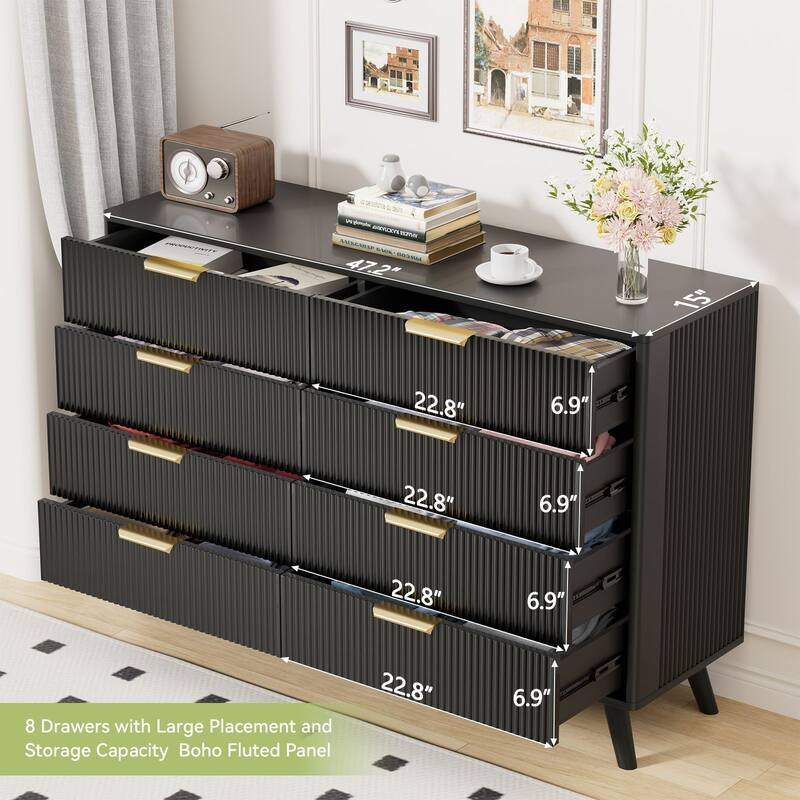 Gymojoy 8 Drawer Fluted Dresser for Bedroom, Modern Wave Pattern Wood Chest with Gold Handles, Boho Storage Dresser