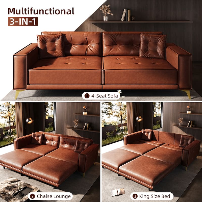 Oversized 3-in-1 Convertible Sofa Bed, 92.1" Faux Leather Square Arms Loveseat, Modern Pull-Out Sleeper Couch with Pillows