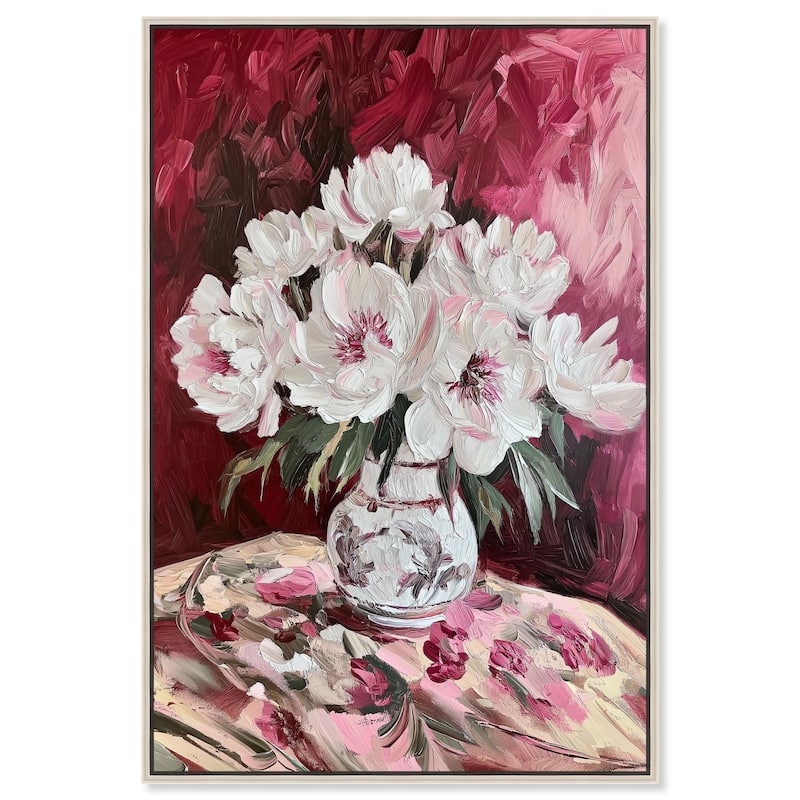Peonies on Ruby Tide Canvas by Art Remedy - Silver - 36" x 54"