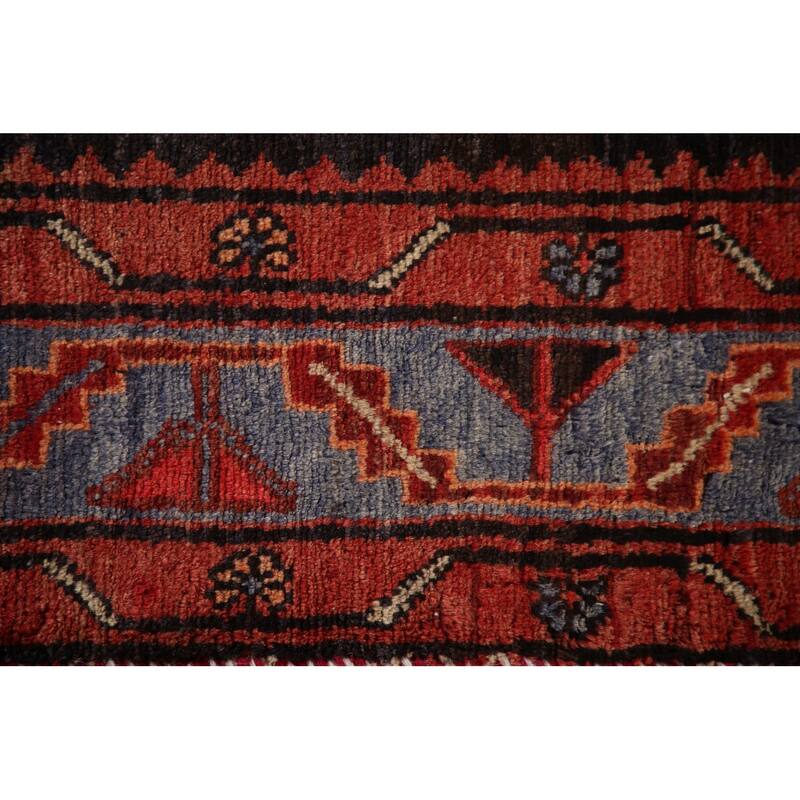Geometric Hamedan Persian Vintage Runner Rug Hand-Knotted Wool Carpet - 3'5"x 9'9"