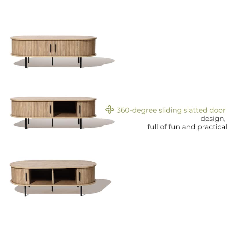 Mid-Century Modern Coffee Table with Storage and Slatted Sliding Doors - 15.7" H x 47.2" W x 23.6" D