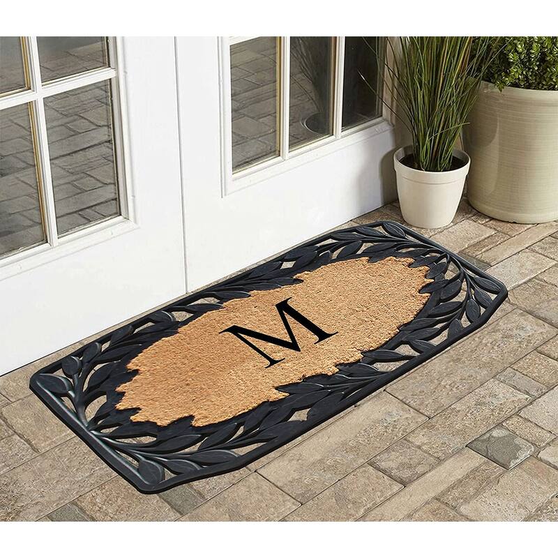 A1HC Rubber and Coir Stylish Leaf Border Large Outdoor Durable Monogrammed Doormat, Black - 23" X 38"