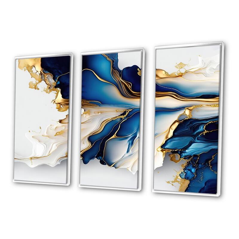 Designart "Abstract Geode Gold And Blue Marble Shape III" Modern Geometric Framed Canvas Art Print - 3 Panels