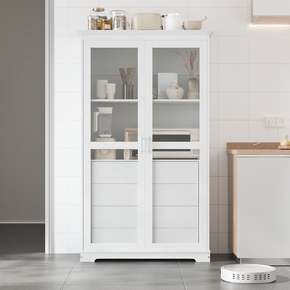 Kitchen Pantry, Freestanding Kitchen Storage Cabinet Display Cabinet with Glass Doors and 4 Built-in Drawers for Living Room