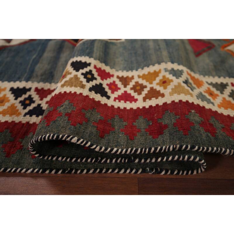 Kilim Qashqai Persian Vintage Rug Hand-Woven Blue Wool Carpet - 4'9"x 8'9"