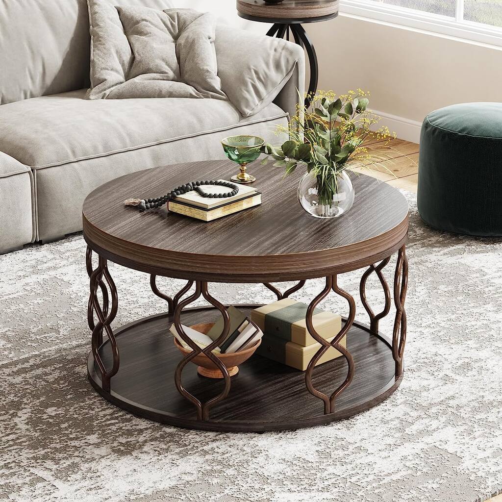 36" Round Coffee Table, Large 2-Tier Wood Coffee Table with Storage