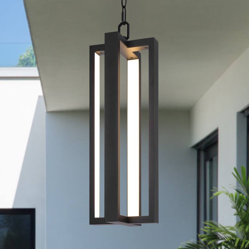 20" Outdoor Pendant Lights LED Black Exterior Ceiling Hanging Lantern - 20.2 inch - 20.2 inch - Matte Black