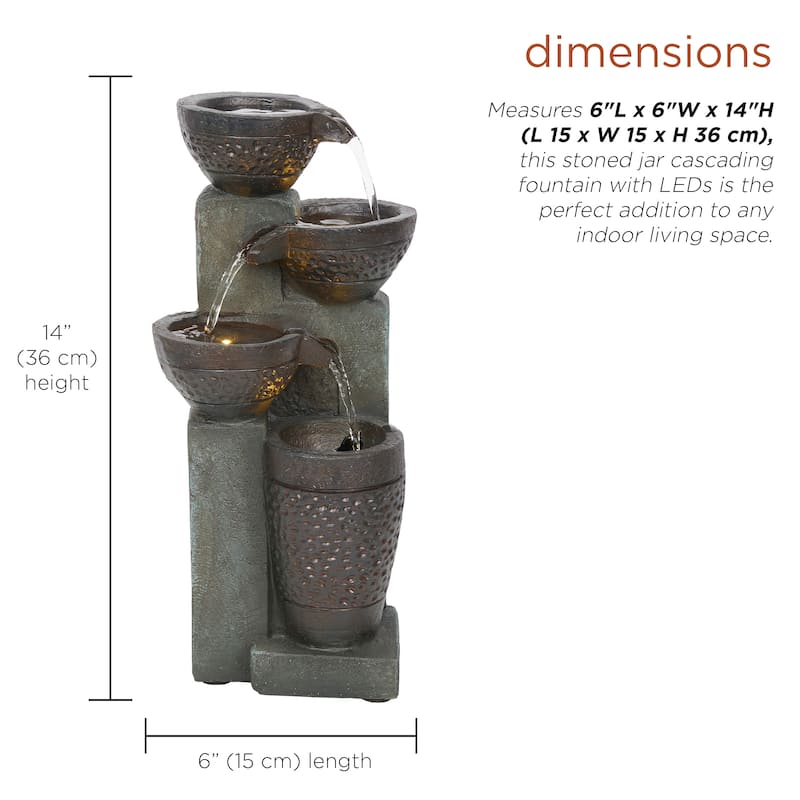 Alpine Corporation TZL412 14" Stoned Jar Cascading Water Fountain with LED Lights for Home, Office, and Desk Decor, Grey