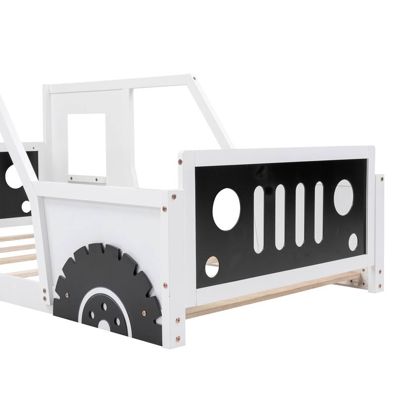 Classic White Twin-Size Car-Shaped Platform Bed with Decorative Wheels