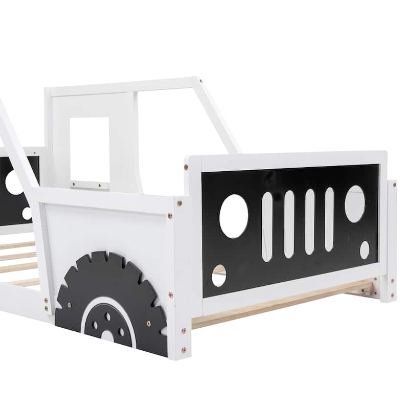 Twin Size Classic Car-Shaped Platform Bed w/Wheels, Wood Car Bed Frame