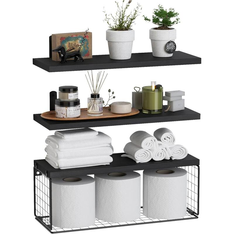 Floating Bathroom Shelf Wall Mounted with Wire Basket