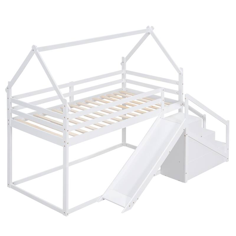 House-Themed Twin Bunk Bed with Climbing Net, Slide, and Storage Staircase