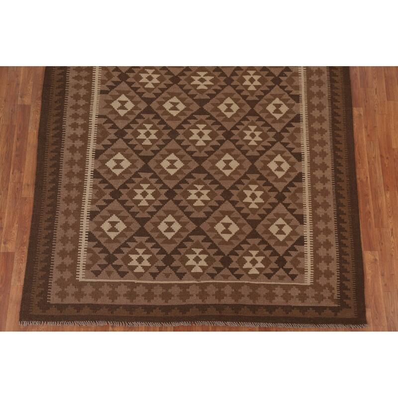 Hand Woven Oriental 100% Wool Carpet Southwestern Geometric Brown Kilim Area Rug - 9' 9'' X 6' 9''