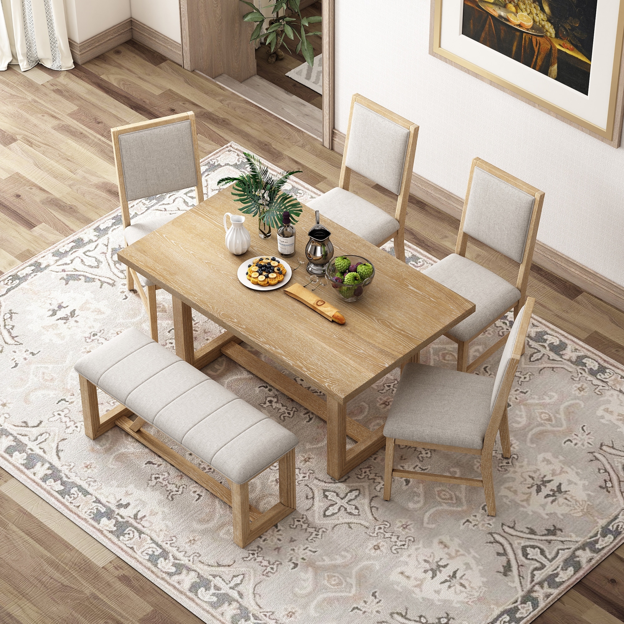 Practical Rectangular Dining Table, Dining Table & Chair Set with Upholstered Benches and Dining Chairs