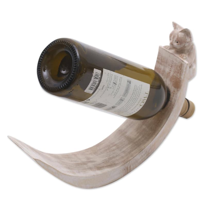 Novica Handmade White Peeking Kitten Wood Bottle Holder