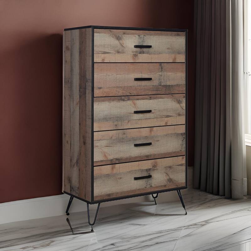 Lala 50 Inch Tall Dresser Chest, 5 Drawers, Black Handles, Rustic Brown