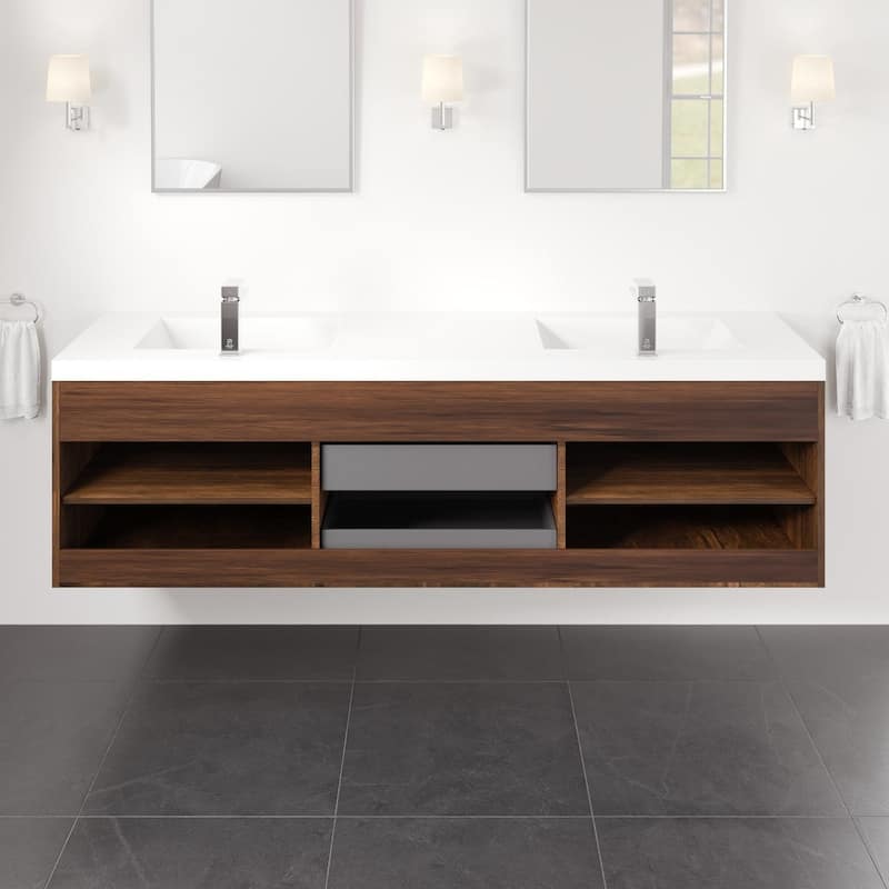 Lugano 72"W Wall Mount Bath Vanity with Acrylic Top & Integrated Sinks