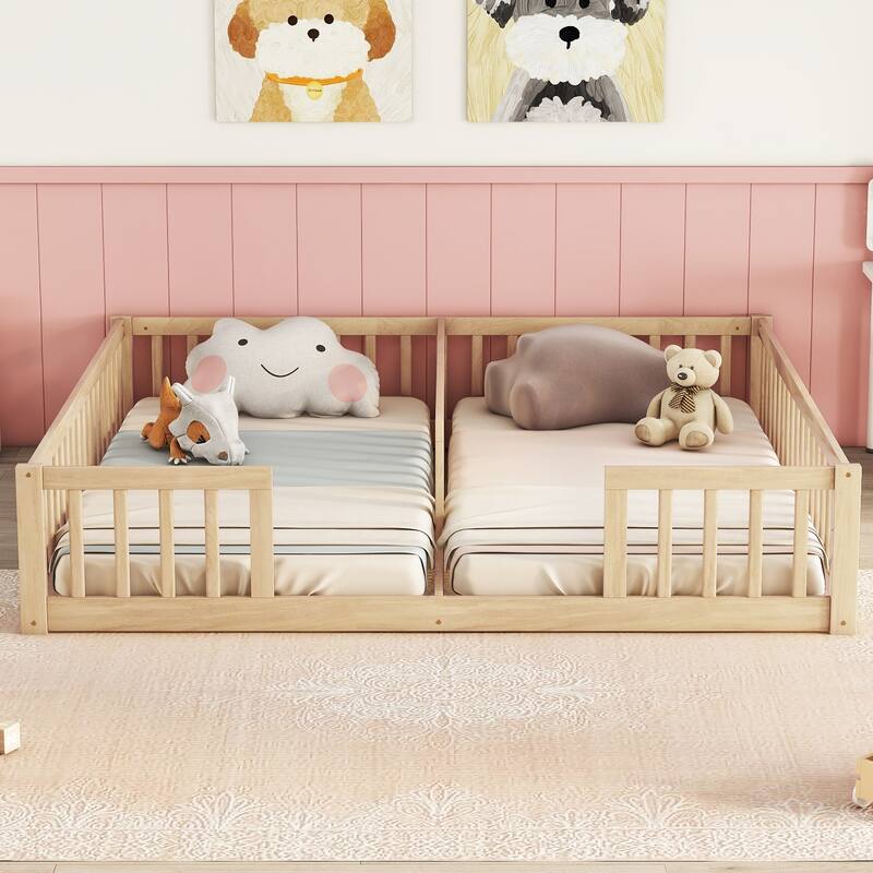 Double Twin Floor Bed with Fence, Guardrails, without door