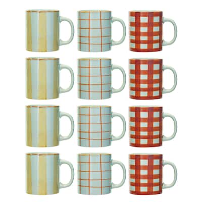 Hand-Painted Stoneware Mug with 3 Various Patterns, Set of 12