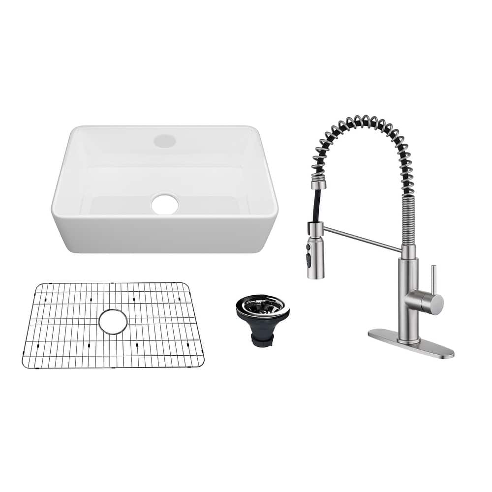 Farmhouse/Apron-Front Single Bowl Fireclay Kitchen Sink with 3-Function Pull-Down Kitchen Faucet, Grid, and Basket Strainer