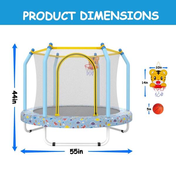 dimension image slide 1 of 3, 55'' Kids Trampoline with Basketball Hoop and Safety Enclosure