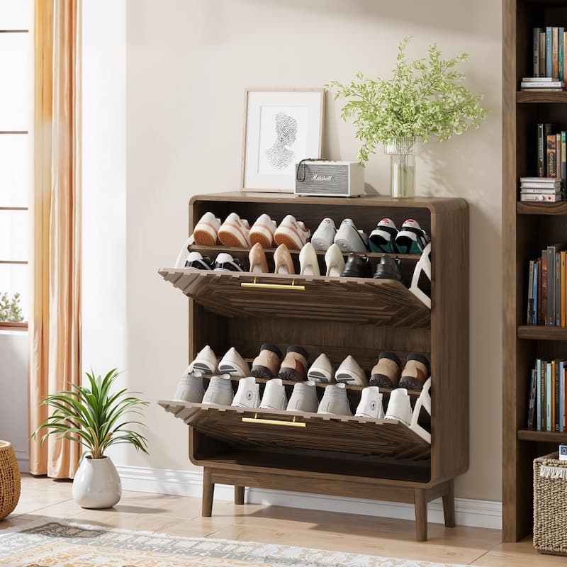 Mid-Century Modern 31.5" Walnut Shoe Cabinet – Freestanding Organizer Equipped With 2 Flip-Top Drawers.