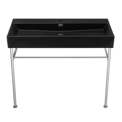 Reims 40 Ceramic Console Sink Matte Black Basin Chrome Legs - 39.35" x 16.55" 35.45"