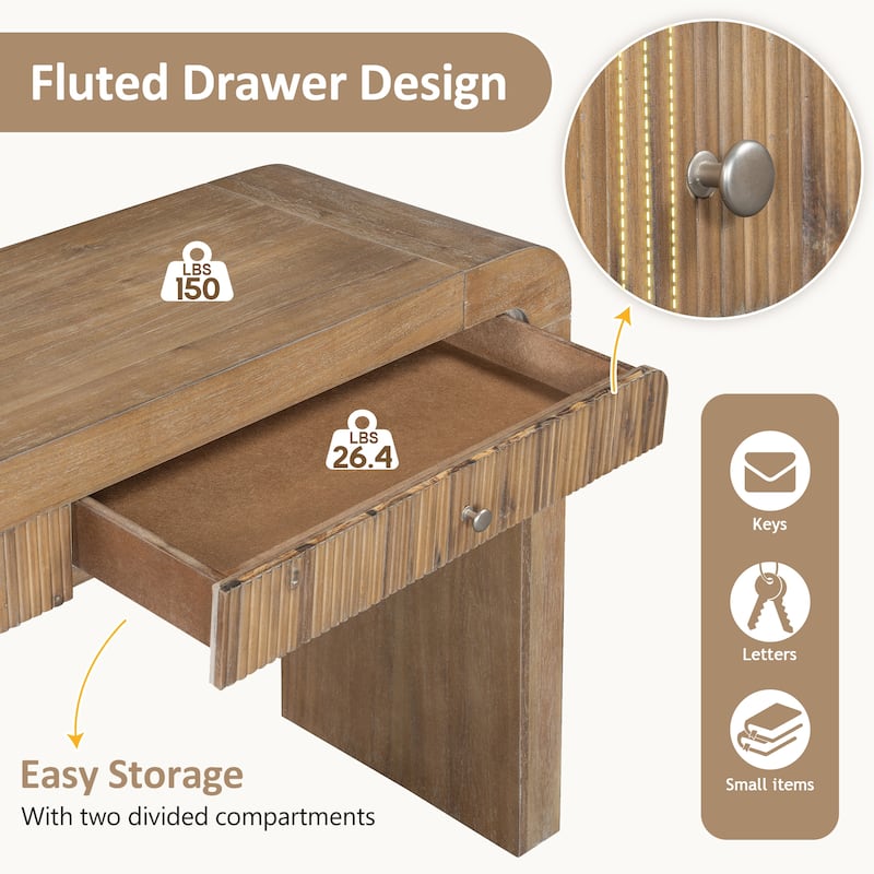 Console Table with Natural Wood Grain, Entryway Table with Fluted Drawer Front, Curved Corners & Thick Legs, Wood Sofa Table