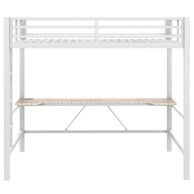 Gaming Loft Bed with RGB LED Light & USB Charge Station, Metal Loft Bed Frame w/Built-in Desk & Full-Length Guardrails