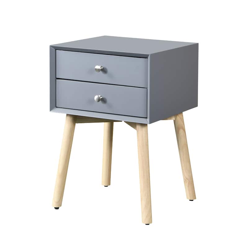 Side Table,Bedside Table with 2 Drawers and Rubber Wood Legs, Mid-Century Modern Storage Cabinet for Bedroom Living Room - Grey