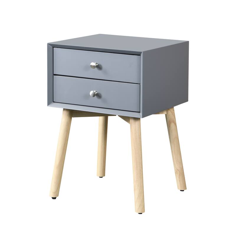 Modern Nightstand with 2 Drawers, Rubber Wood Legs, Gray, Compact Storage for Bedroom or Living Room