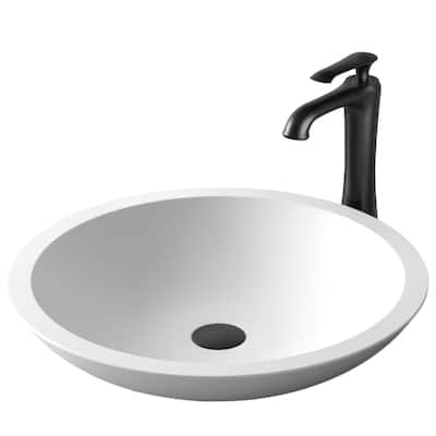 Karran Quattro Matte White Acrylic 19 in. Round Bathroom Vessel Sink with Faucet and drain in Matte Black