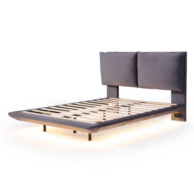 Full Velvet Floating Platform Bed with Sensor Light