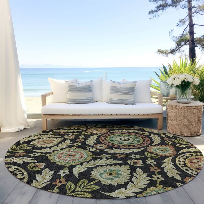Machine Washable Indoor/ Outdoor Chantille Boho Suzani Rug - Black - 8' x 8'